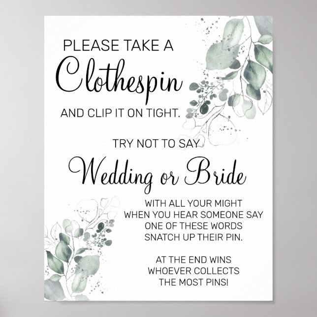 Watercolor Clothespin bridal shower game sign (Front)