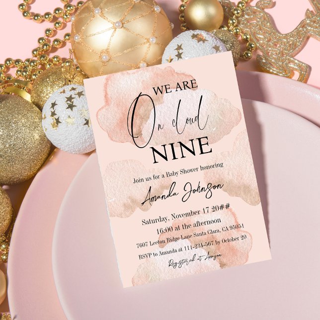 Watercolor Cloud Nine Sky Pink Girl Baby Shower Invitation (Creator Uploaded)