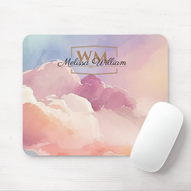 Watercolor Clouds Black Gold Monogram Name Script Mouse Mat (With Mouse)