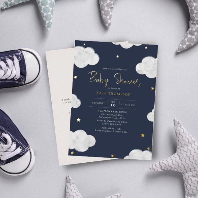 Watercolor Clouds Dark Blue Boy Baby Shower Gold (Creator Uploaded)