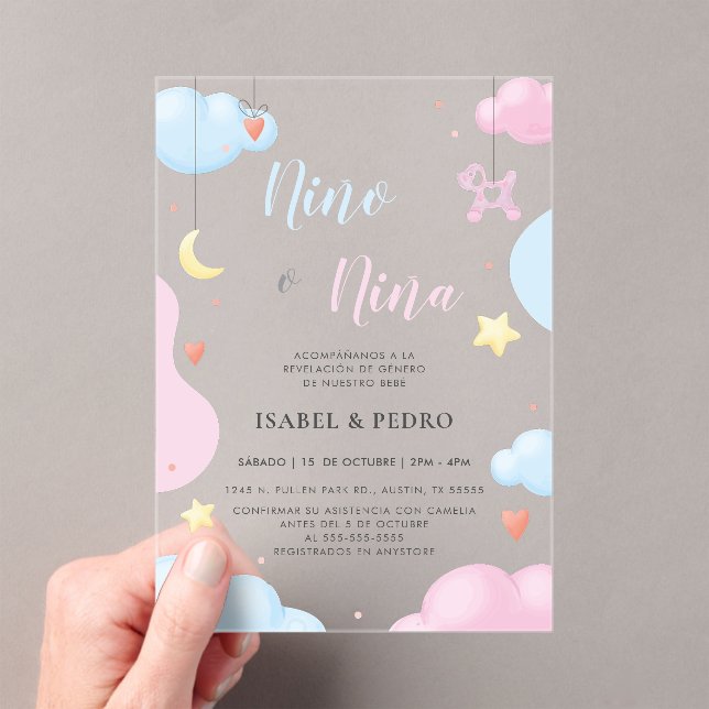 Watercolor Clouds & Stars Spanish Gender Reveal Acrylic Invitations (Insitu (Handheld))