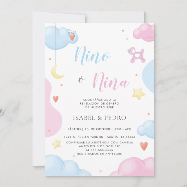 Watercolor Clouds & Stars Spanish Gender Reveal Invitation (Front)
