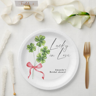 Watercolor Clover Bow Lucky in Love Bridal Shower Paper Plate