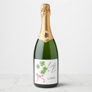 Watercolor Clover Bow Lucky in Love Bridal Shower Sparkling Wine Label