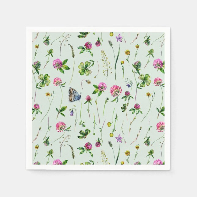 Watercolor Clover Flowers Meadow Green Napkin (Front)