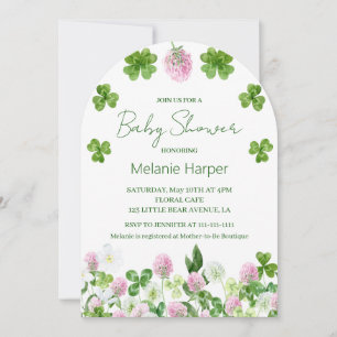 Watercolor Clover Leaves and Flowers Baby Shower Invitation