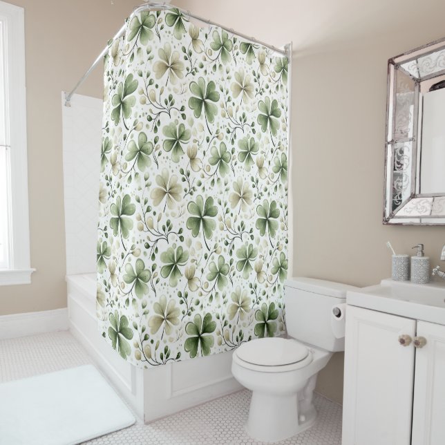 Watercolor Clover Pattern – Green & Neutral  Shower Curtain (In Situ)