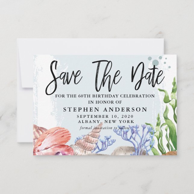 Watercolor Coastal 60th Birthday Party Save The Date (Front)