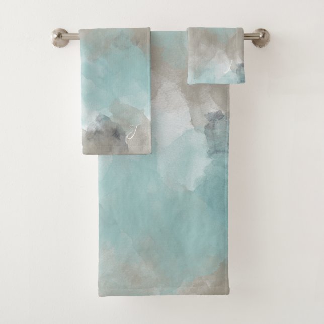 Watercolor Coastal Beach Colours Monogrammed Bath Towel Set (Insitu)