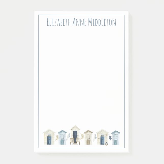 Watercolor Coastal Beach Huts Personalised Post-it Notes (Front)