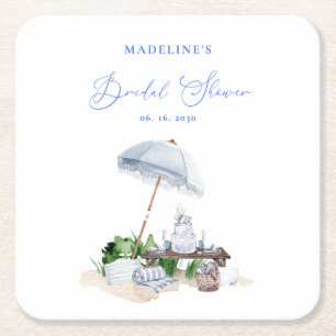 Watercolor Coastal Beach Picnic Bridal Shower Square Paper Coaster