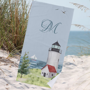Watercolor Coastal Beach Sand Lighthouse Monogram Towel