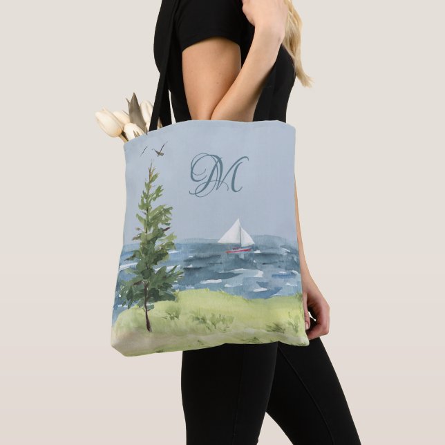 Watercolor Coastal Beach Sand Sailboat Monogram Tote Bag (Close Up)