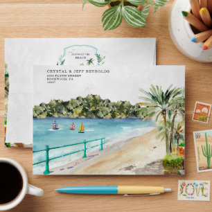 Watercolor Coastal Beach   Wedding Envelope
