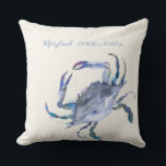Watercolor Coastal Blue Crab Map Coordinates  Cushion<br><div class="desc">Show your love for your ocean side beach home outdoor patio or boat with my custom throw pillow. Shown with my original watercolor crab in shades of red, turquoise, blue and green over a neutral ivory cream background. The word Maryland is set in a hand lettered script style typography in...</div>