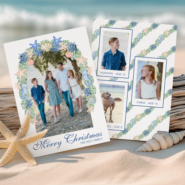 Watercolor Coastal Christmas Garland Photo Holiday Card (Creator Uploaded)