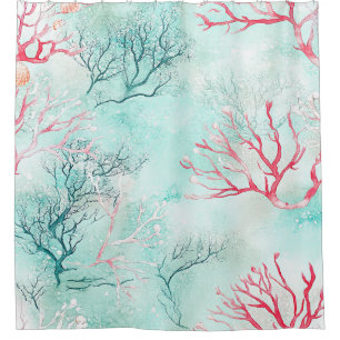 Watercolor Coastal Coral Pattern Shower Curtain
