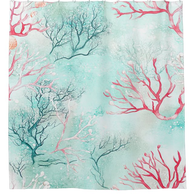 Watercolor Coastal Coral Pattern Shower Curtain (Front)