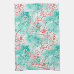 Watercolor Coastal Coral Pattern Tea Towel