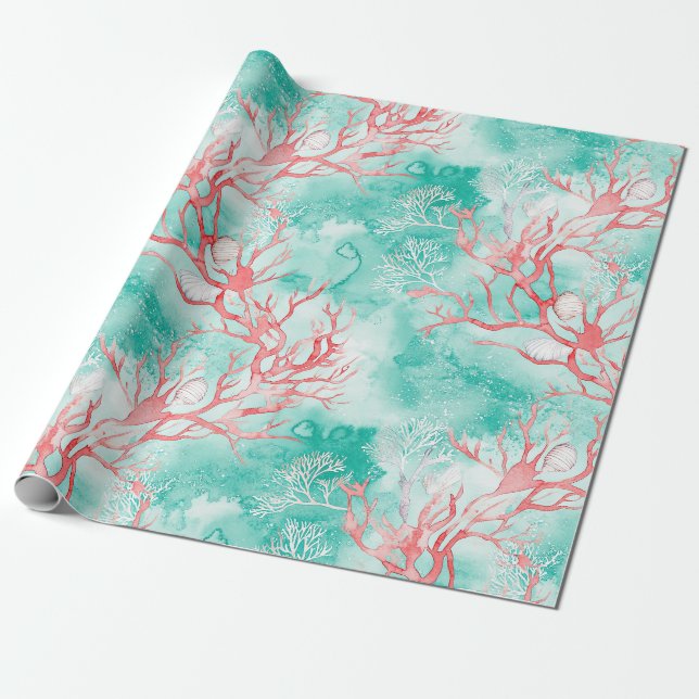 Watercolor Coastal Coral Pattern Wrapping Paper (Unrolled)