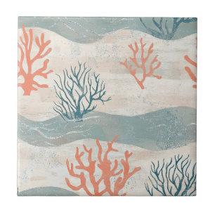 Watercolor Coastal Coral & Seashell Waves (10) Tile
