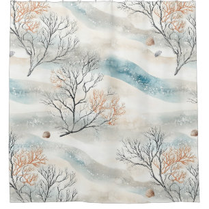 Watercolor Coastal Coral & Seashell Waves (1) Shower Curtain
