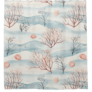 Watercolor Coastal Coral & Seashell Waves (2) Shower Curtain