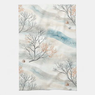 Watercolor Coastal Coral & Seashell Waves (3) Tea Towel