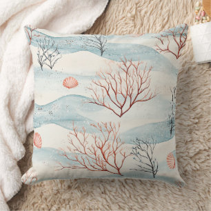 Watercolor Coastal Coral & Seashell Waves (4) Cushion
