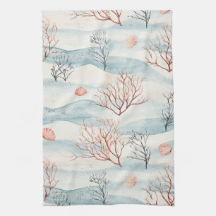 Watercolor Coastal Coral & Seashell Waves (4) Tea Towel