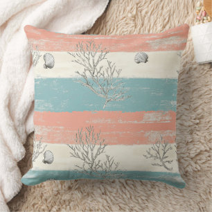 Watercolor Coastal Coral & Seashell Waves (5) Cushion