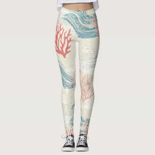 Watercolor Coastal Coral & Seashell Waves (6) Leggings