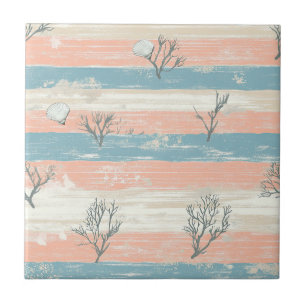 Watercolor Coastal Coral & Seashell Waves (7) Tile