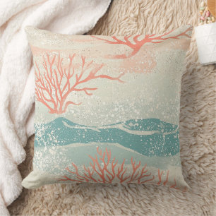 Watercolor Coastal Coral & Seashell Waves (8) Cushion