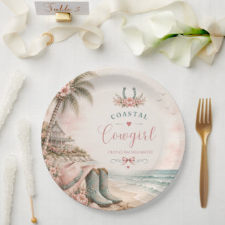 Watercolor, coastal cowgirl bachelorette party paper plate