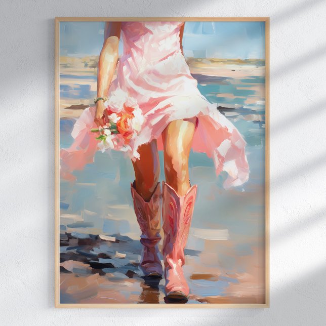 Watercolor Coastal Cowgirl on the Beach Poster (Watercolor Coastal Cowgirl on the Beach Poster in a wooden frame on a sunny wall.)