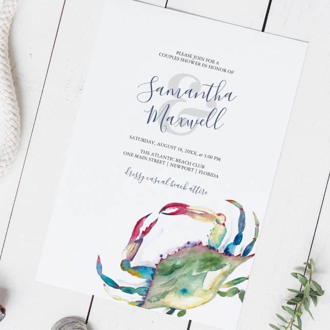 Watercolor Coastal Crab Couples Shower (Couples shower invitations blue and green watercolor crab printable or printed )