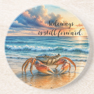 Watercolor Coastal Crab on Sandy Beach w/ Quote Coaster