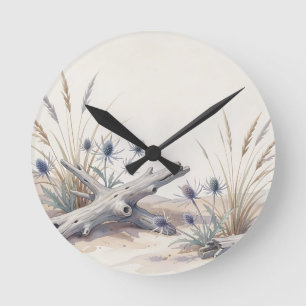 Watercolor Coastal Driftwood Sea Holly Beach Round Clock