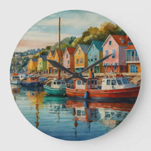 Watercolor Coastal Harbour Boats Seascape Large Clock