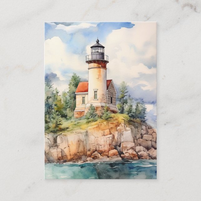Watercolor Coastal Lighthouse Background Business Card (Front)
