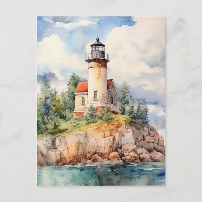 Watercolor Coastal Lighthouse Background Postcard (Front)