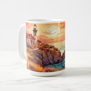 Watercolor Coastal Lighthouse & Cat  Coffee Mug
