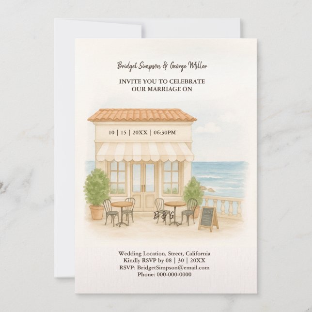 watercolor coastal mediterranean ocean wedding  invitation (Front)