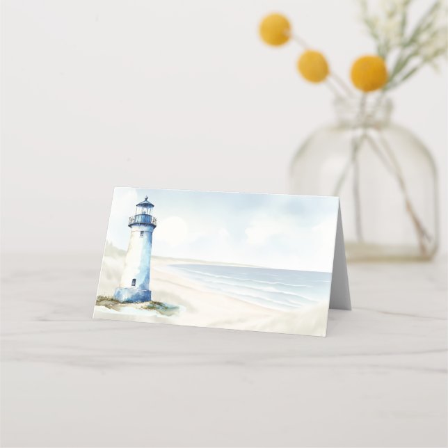 Watercolor Coastal New England Wedding RSVP Reply Place Card (Front)