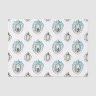 Watercolor Coastal Oysters Blue Bow Monogram Tissue Paper