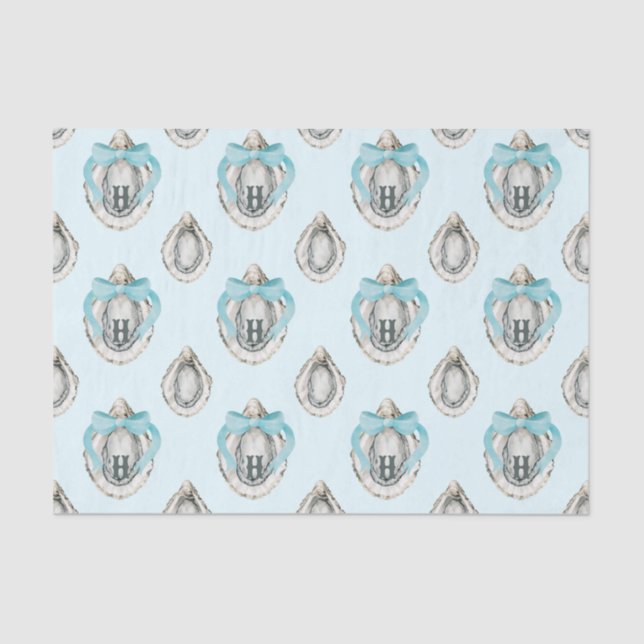 Watercolor Coastal Oysters Blue Bow Monogram Tissue Paper (Front)