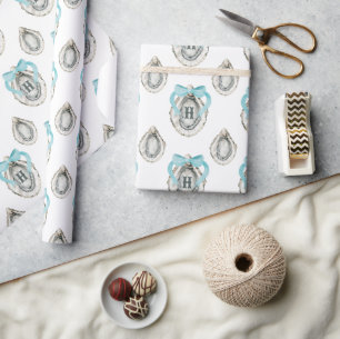 Watercolor Coastal Oysters Blue Bow Monogram Wrapping Paper
