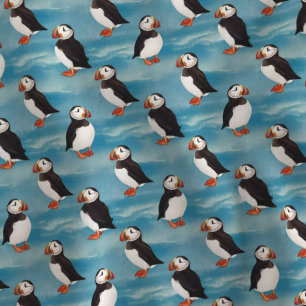 Watercolor Coastal Puffin on Blue Ocean Waves Fabric