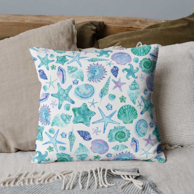 Watercolor Coastal Sea Shells and Starfish Cushion (Watercolor Coastal Sea Shells and Starfish Throw Pillow)